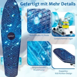 Cruiser-Skateboard 56 cm Langes Mini-Skateboard mit PU-Rädern Blau