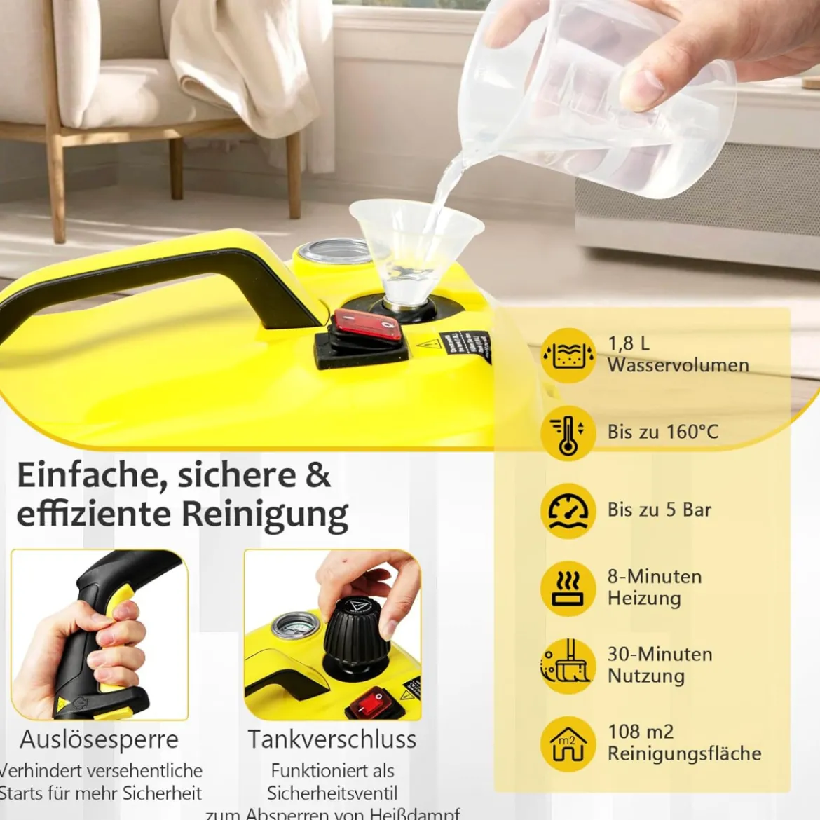 Dampfreiniger Flächenleistung: 108 m² Dampfdruck: 5 bar 1,8 L Wassertank