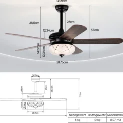 Deckenventilator mit Fernbedienung 132 cm Durchmesser Deckenlüfter mit 2 Stäben Schwarz