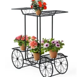 Dekor-Blumenständer Pflanzenständer mit 6 Ablagen Freistehender Blumenwagen für Innen und Außen Metall schwarz 80,5 x 25 x 75