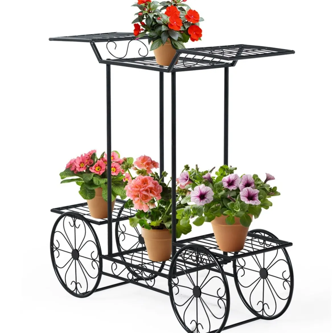Dekor-Blumenständer Pflanzenständer mit 6 Ablagen Freistehender Blumenwagen für Innen und Außen Metall schwarz 80,5 x 25 x 75