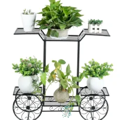Dekor-Blumenständer Pflanzenständer mit 6 Ablagen Freistehender Blumenwagen für Innen und Außen Metall schwarz 80,5 x 25 x 75