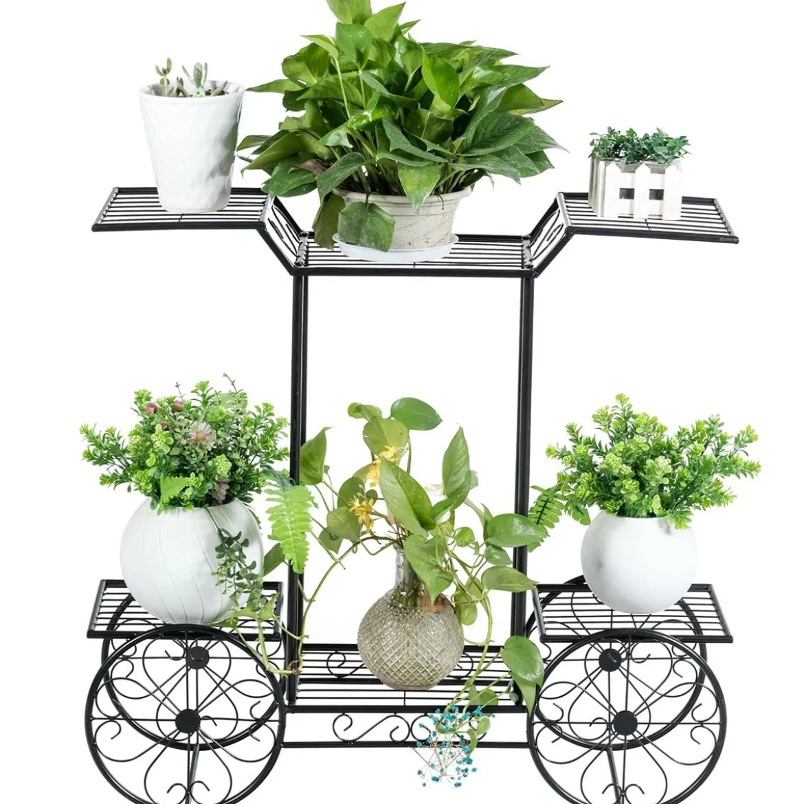 Dekor-Blumenständer Pflanzenständer mit 6 Ablagen Freistehender Blumenwagen für Innen und Außen Metall schwarz 80,5 x 25 x 75