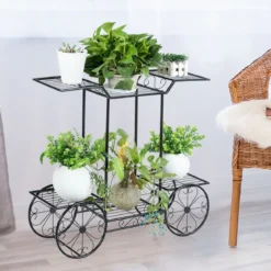 Dekor-Blumenständer Pflanzenständer mit 6 Ablagen Freistehender Blumenwagen für Innen und Außen Metall schwarz 80,5 x 25 x 75