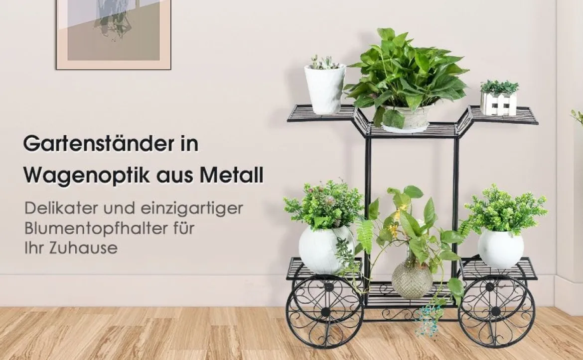 Dekor-Blumenständer Pflanzenständer mit 6 Ablagen Freistehender Blumenwagen für Innen und Außen Metall schwarz 80,5 x 25 x 75