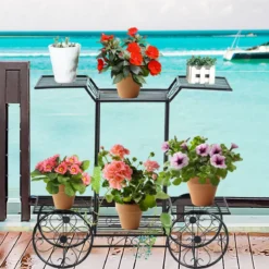 Dekor-Blumenständer Pflanzenständer mit 6 Ablagen Freistehender Blumenwagen für Innen und Außen Metall schwarz 80,5 x 25 x 75
