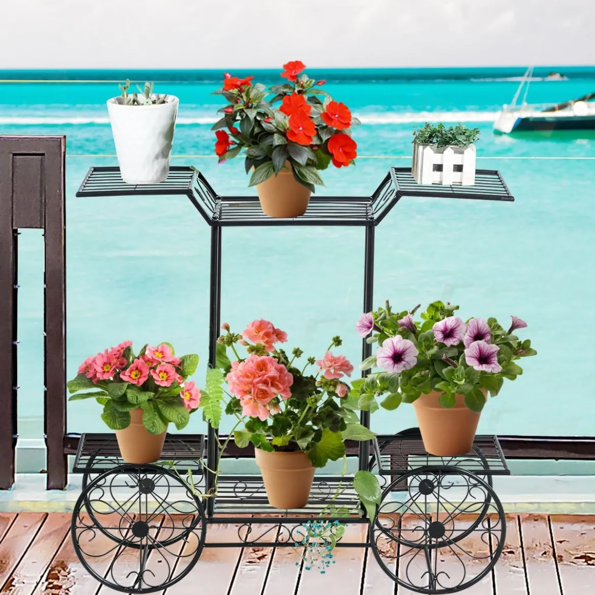 Dekor-Blumenständer Pflanzenständer mit 6 Ablagen Freistehender Blumenwagen für Innen und Außen Metall schwarz 80,5 x 25 x 75