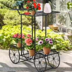 Dekor-Blumenständer Pflanzenständer mit 6 Ablagen Freistehender Blumenwagen für Innen und Außen Metall schwarz 80,5 x 25 x 75