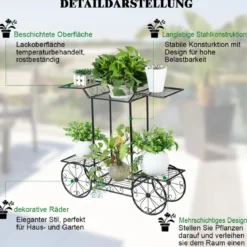 Dekor-Blumenständer Pflanzenständer mit 6 Ablagen Freistehender Blumenwagen für Innen und Außen Metall schwarz 80,5 x 25 x 75