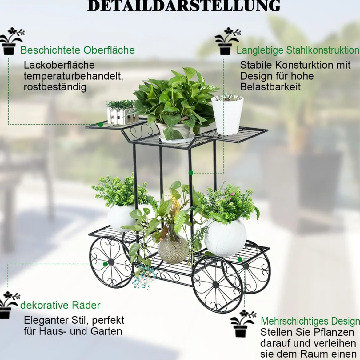 Dekor-Blumenständer Pflanzenständer mit 6 Ablagen Freistehender Blumenwagen für Innen und Außen Metall schwarz 80,5 x 25 x 75