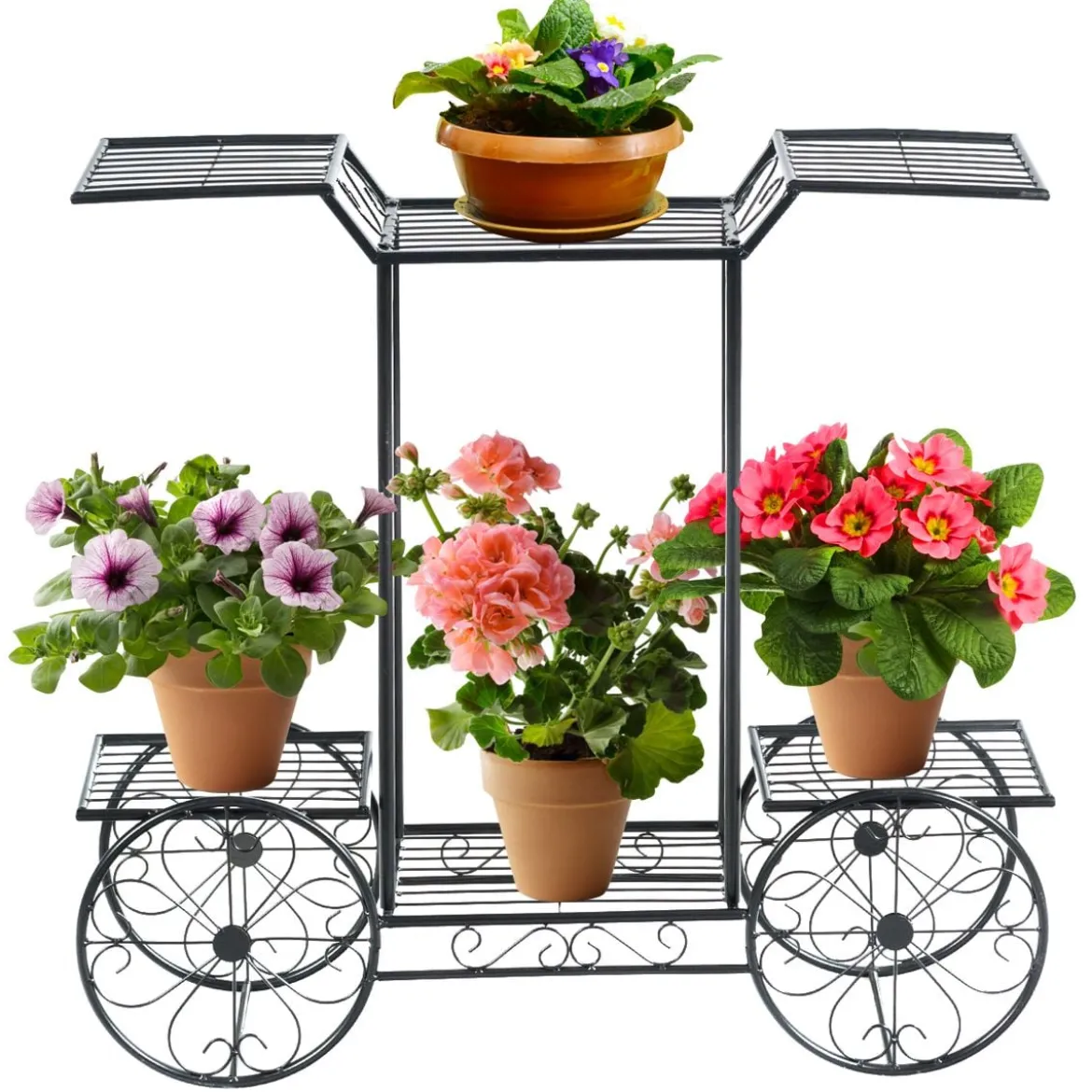 Dekor-Blumenständer Pflanzenständer mit 6 Ablagen Freistehender Blumenwagen für Innen und Außen Metall schwarz 80,5 x 25 x 75