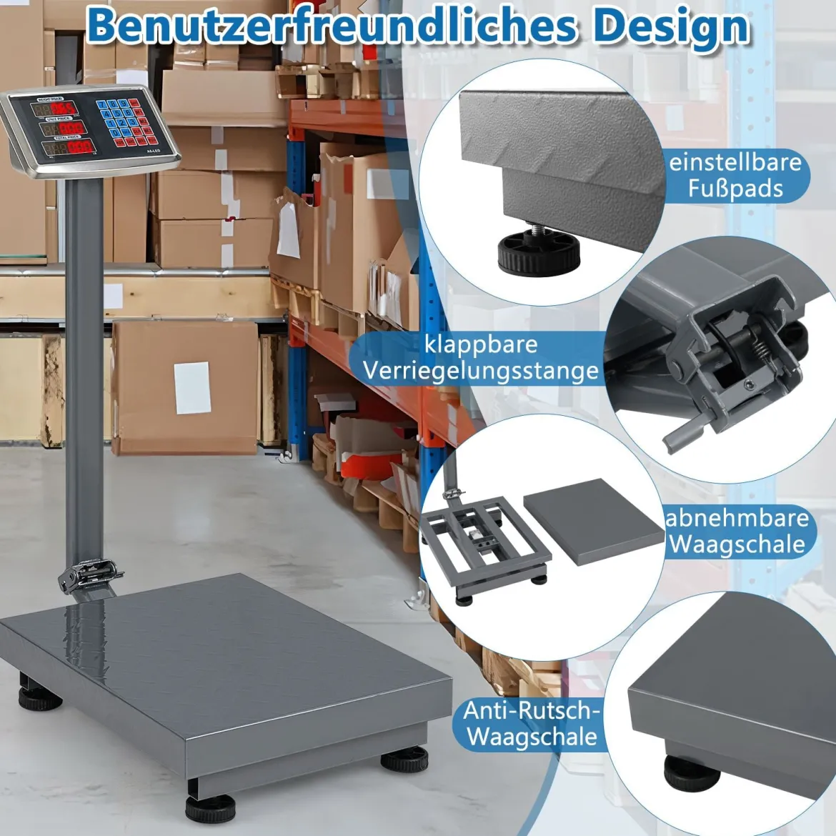 Digitale Plattformwaage 300kg / 50g Paketwaage mit Preisrechner LB/KG multifunktionale Ladenwaage Silber