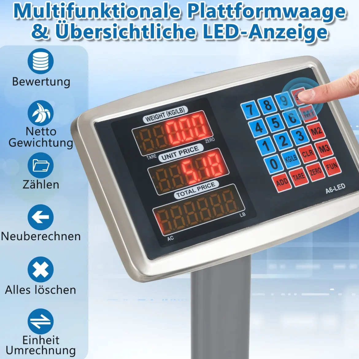Digitale Plattformwaage 300kg / 50g Paketwaage mit Preisrechner LB/KG multifunktionale Ladenwaage Silber