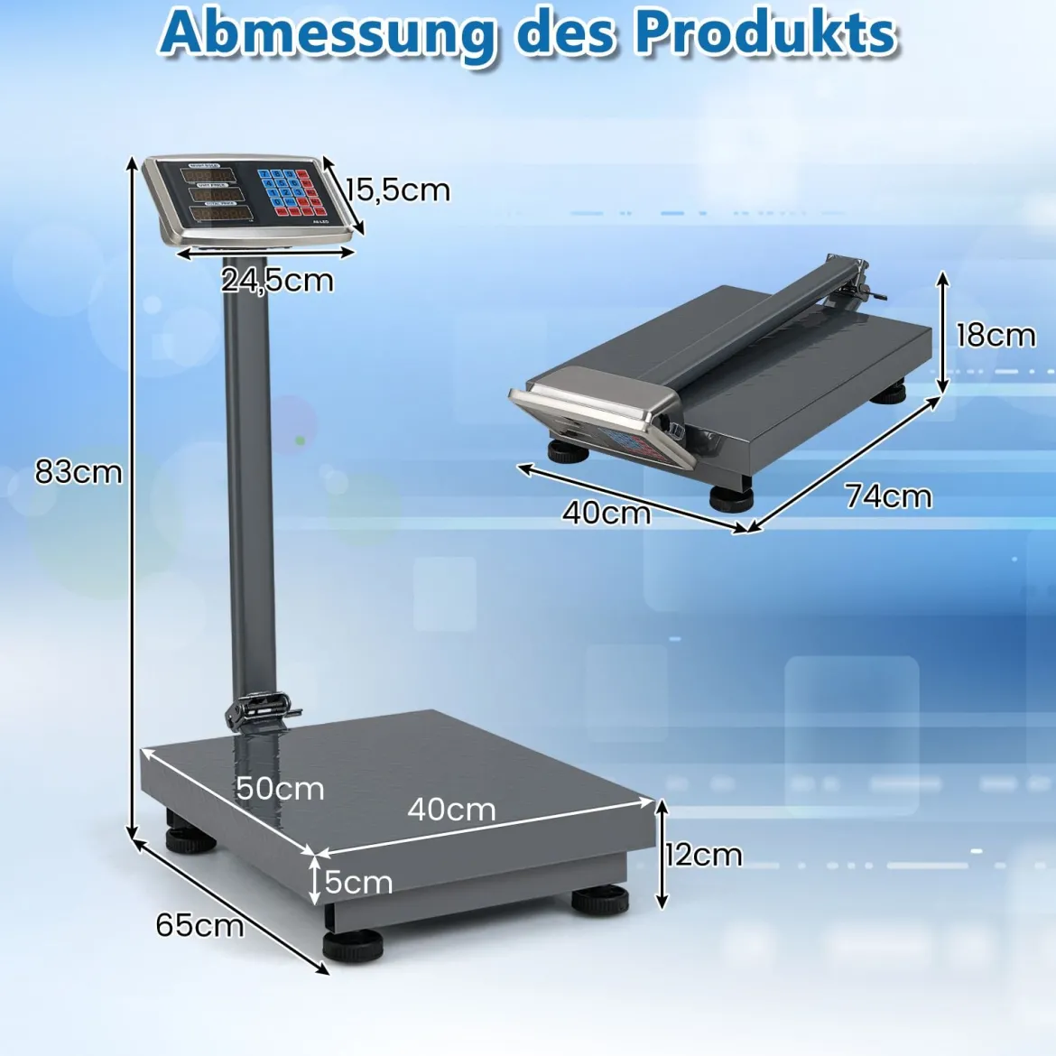 Digitale Plattformwaage 300kg / 50g Paketwaage mit Preisrechner LB/KG multifunktionale Ladenwaage Silber
