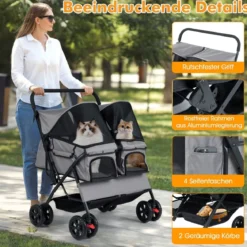 Doppel Hundebuggy mit 2-Sitzer-Tragetasche & Verstellbarem Sonnenschutz Katzenwagen Grau