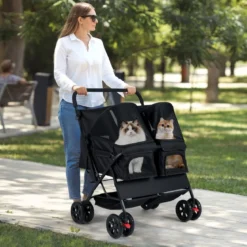Doppel Hundebuggy mit 2-Sitzer-Tragetasche & Verstellbarem Sonnenschutz Katzenwagen Schwarz