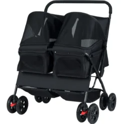 Doppel Hundebuggy mit 2-Sitzer-Tragetasche & Verstellbarem Sonnenschutz Katzenwagen Schwarz