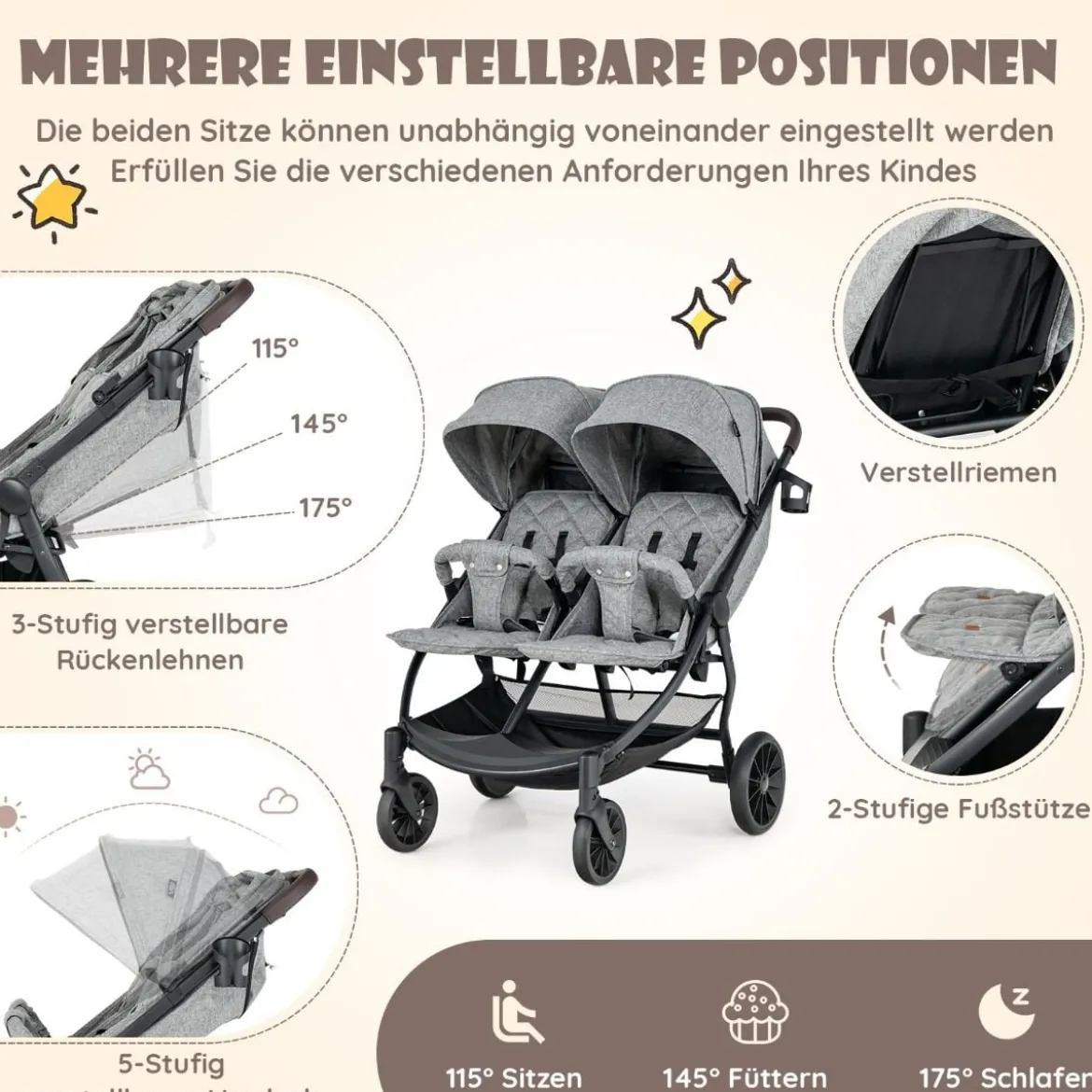 Doppel-Kinderwagen Geschwisterwagen mit Individueller Neigung 105 x 78,5 x 106 cm Grau