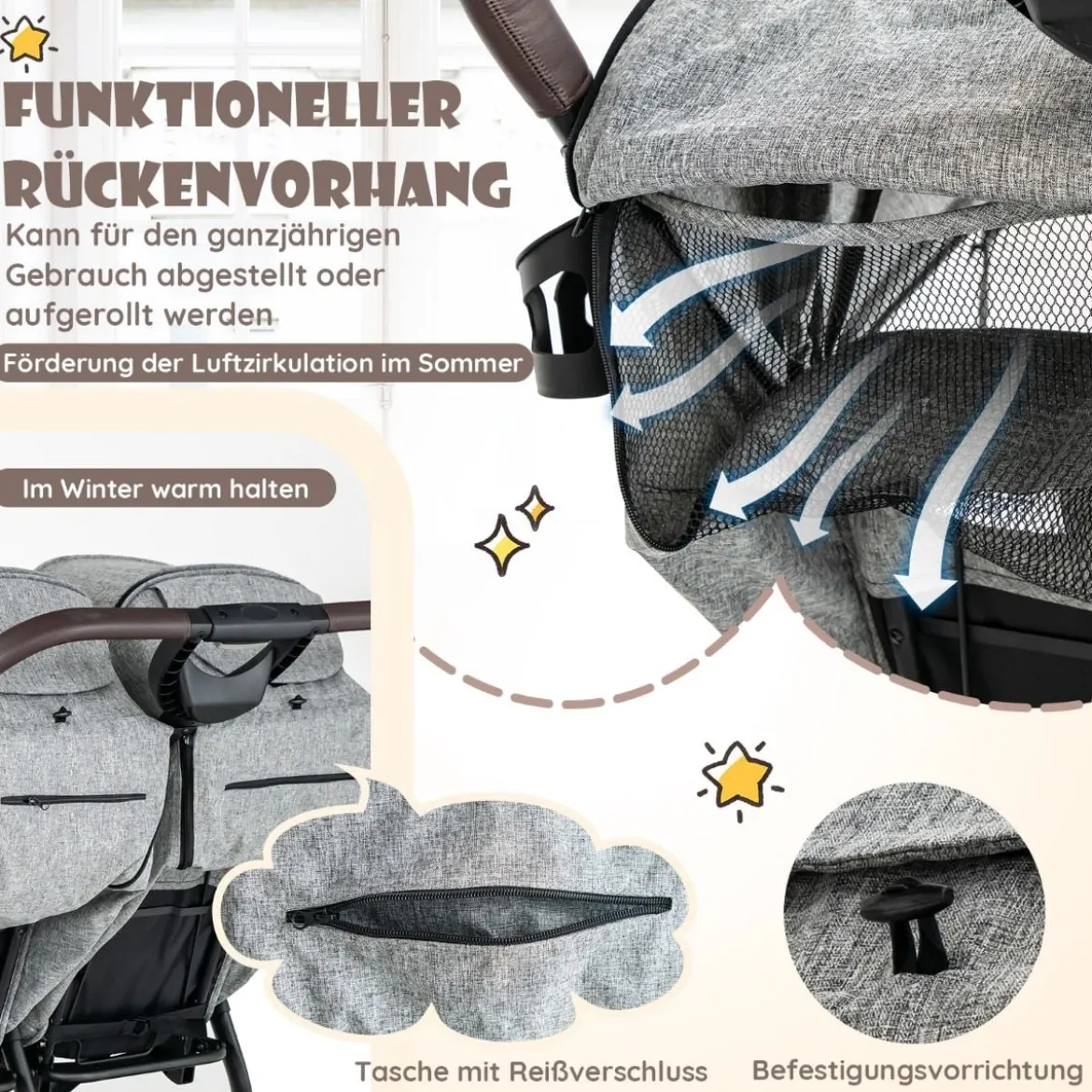 Doppel-Kinderwagen Geschwisterwagen mit Individueller Neigung 105 x 78,5 x 106 cm Grau