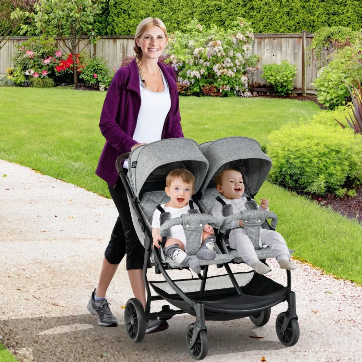 Doppel-Kinderwagen Geschwisterwagen mit Individueller Neigung 105 x 78,5 x 106 cm Grau