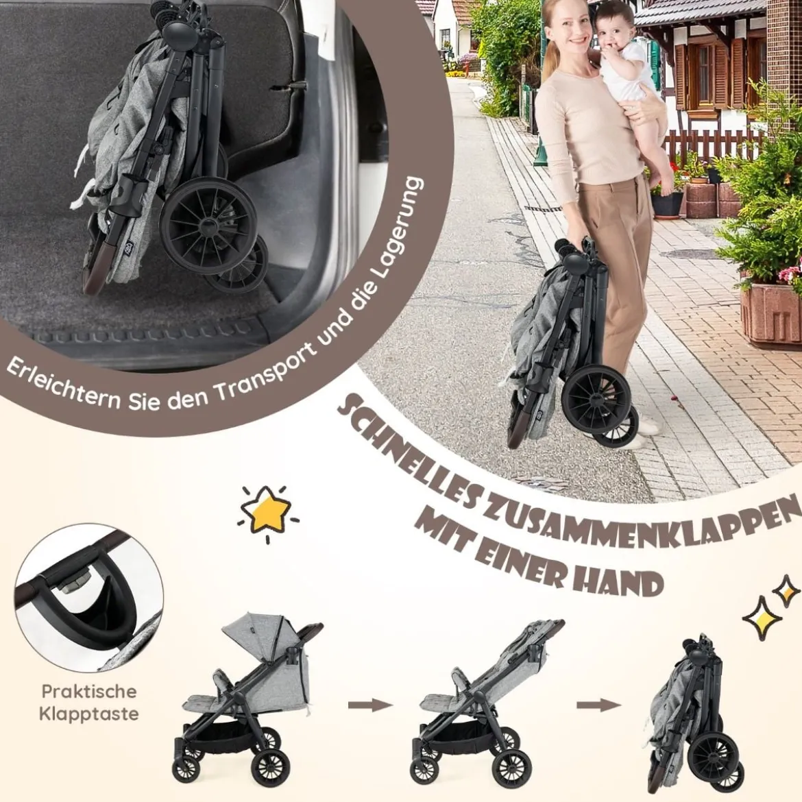 Doppel-Kinderwagen Geschwisterwagen mit Individueller Neigung 105 x 78,5 x 106 cm Grau