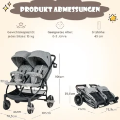 Doppel-Kinderwagen Geschwisterwagen mit Individueller Neigung 105 x 78,5 x 106 cm Grau