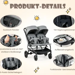 Doppel-Kinderwagen Geschwisterwagen mit Individueller Neigung 105 x 78,5 x 106 cm Grau
