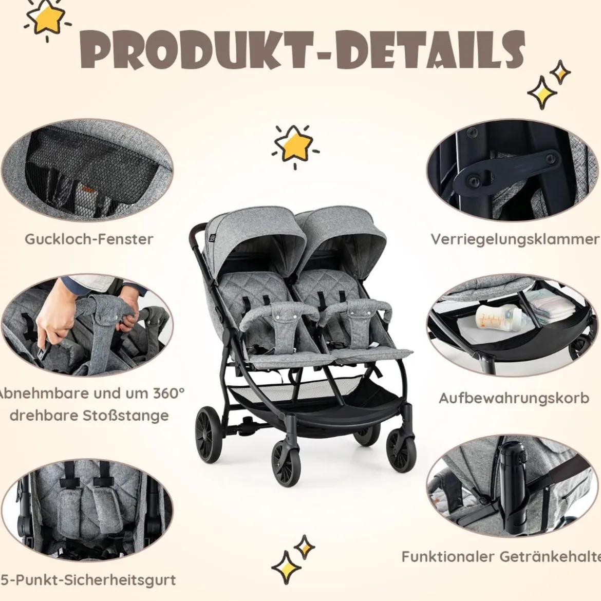 Doppel-Kinderwagen Geschwisterwagen mit Individueller Neigung 105 x 78,5 x 106 cm Grau
