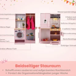 Doppelseitige Kinderküche hölzerner Spielküchen-Set mit Wasserspender Dunstabzugshaube Rosa