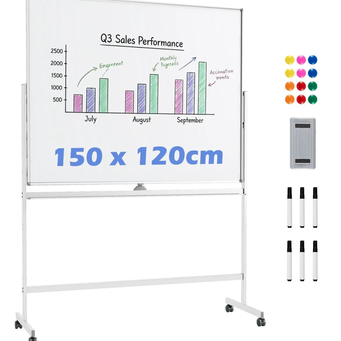 Doppelseitiges Höhenverstellbares Whiteboard mit Rollen & Ständer & Stiftablage Weiß