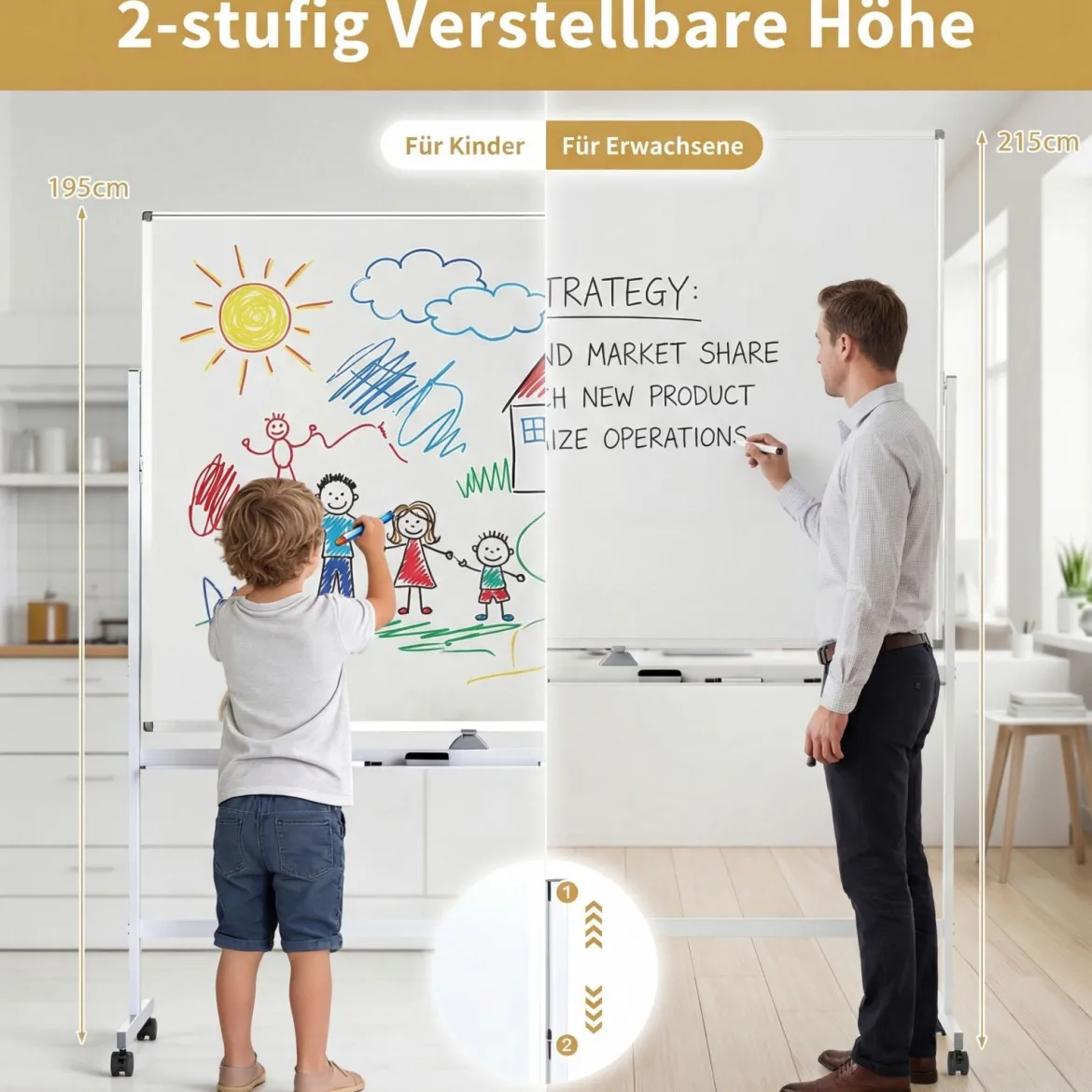 Doppelseitiges Höhenverstellbares Whiteboard mit Rollen & Ständer & Stiftablage Weiß