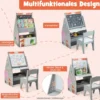 Doppelseitiges Kindertisch & Stuhl-Set mit Magnetischer Tafel & Whiteboard & Bücherregal Grau
