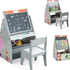 Doppelseitiges Kindertisch & Stuhl-Set mit Magnetischer Tafel & Whiteboard & Bücherregal Grau