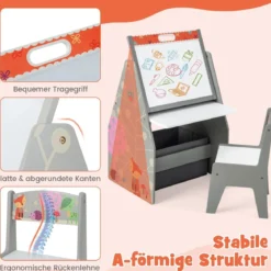 Doppelseitiges Kindertisch & Stuhl-Set mit Magnetischer Tafel & Whiteboard & Bücherregal Grau