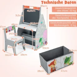 Doppelseitiges Kindertisch & Stuhl-Set mit Magnetischer Tafel & Whiteboard & Bücherregal Grau
