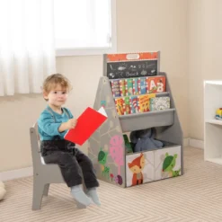 Doppelseitiges Kindertisch & Stuhl-Set mit Magnetischer Tafel & Whiteboard & Bücherregal Grau