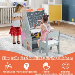 Doppelseitiges Kindertisch & Stuhl-Set mit Magnetischer Tafel & Whiteboard & Bücherregal Grau