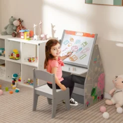 Doppelseitiges Kindertisch & Stuhl-Set mit Magnetischer Tafel & Whiteboard & Bücherregal Grau