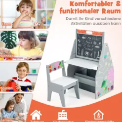 Doppelseitiges Kindertisch & Stuhl-Set mit Magnetischer Tafel & Whiteboard & Bücherregal Grau