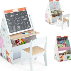 Doppelseitiges Kindertisch & Stuhl-Set mit Magnetischer Tafel & Whiteboard & Bücherregal Weiß