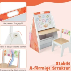 Doppelseitiges Kindertisch & Stuhl-Set mit Magnetischer Tafel & Whiteboard & Bücherregal Weiß