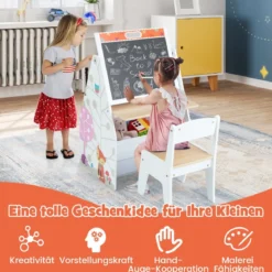 Doppelseitiges Kindertisch & Stuhl-Set mit Magnetischer Tafel & Whiteboard & Bücherregal Weiß