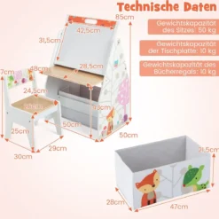 Doppelseitiges Kindertisch & Stuhl-Set mit Magnetischer Tafel & Whiteboard & Bücherregal Weiß