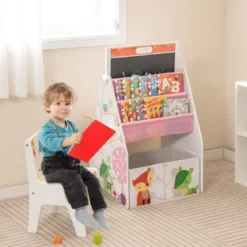 Doppelseitiges Kindertisch & Stuhl-Set mit Magnetischer Tafel & Whiteboard & Bücherregal Weiß