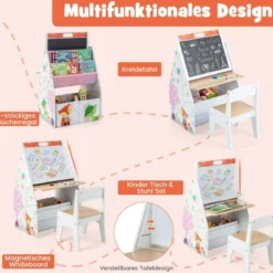 Doppelseitiges Kindertisch & Stuhl-Set mit Magnetischer Tafel & Whiteboard & Bücherregal Weiß