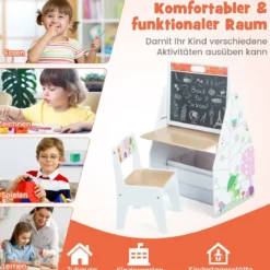 Doppelseitiges Kindertisch & Stuhl-Set mit Magnetischer Tafel & Whiteboard & Bücherregal Weiß