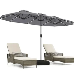 Doppelsonnenschirm mit Ständer & LED-Leuchten & UPF 50+ Sonnenschirm Gartenschirm Grau