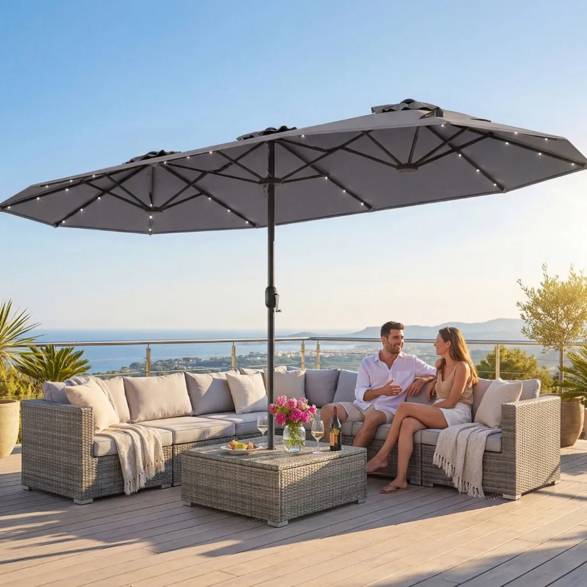 Doppelsonnenschirm mit Ständer & LED-Leuchten & UPF 50+ Sonnenschirm Gartenschirm Grau