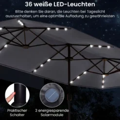 Doppelsonnenschirm mit Ständer & LED-Leuchten & UPF 50+ Sonnenschirm Gartenschirm Grau