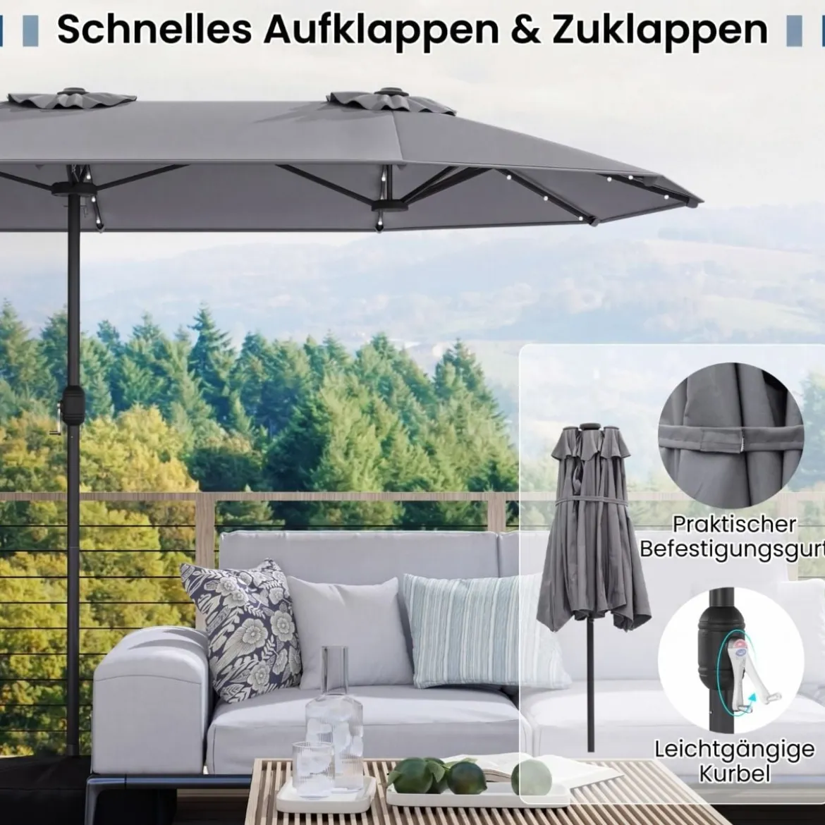 Doppelsonnenschirm mit Ständer & LED-Leuchten & UPF 50+ Sonnenschirm Gartenschirm Grau
